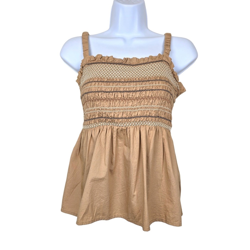 Old Navy Womens Sleeveless Tan Embroidered Smocked Tank Top Size S NWT`